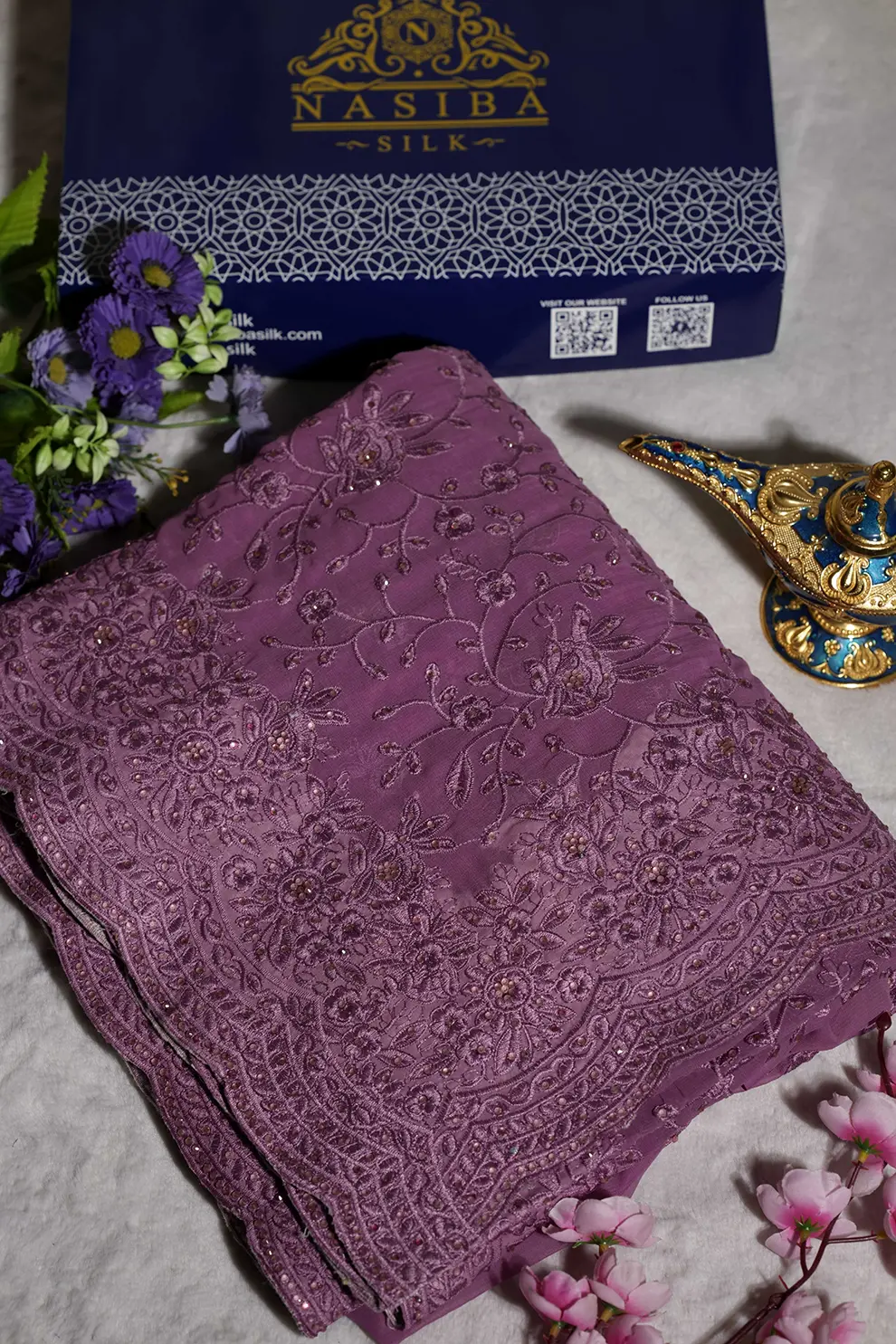 Onion Chiffon mix silk blend Georgette Embroidery Party Saree